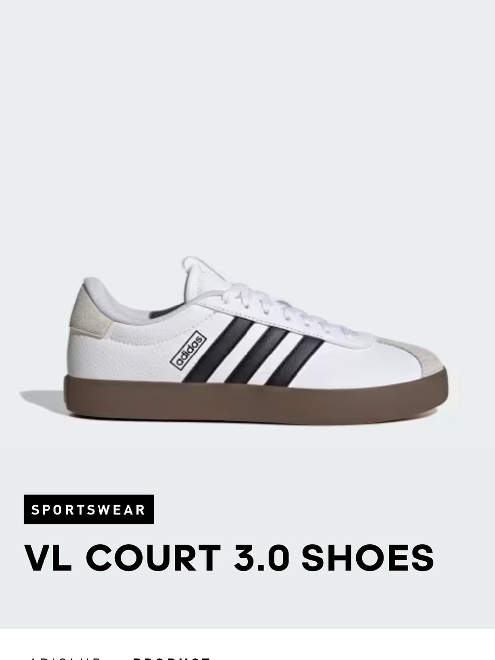 adidas VL Court 3.0 Sneakers — White with Black Stripes and Brown Sole/Women’s 9